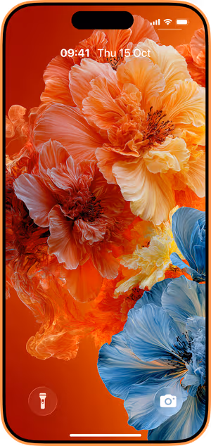 Wallpaper preview on iPhone 17 Pro Max running iOS 26 - Orange Blue Floral Bloom