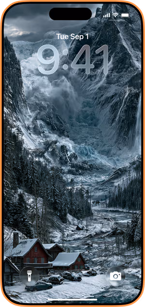 Wallpaper preview on iPhone 17 Pro Max running iOS 26 - Winter Mountain Village