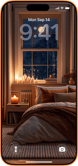 Wallpaper preview on iPhone 17 Pro Max running iOS 26 - Moonlit Bedroom Candles