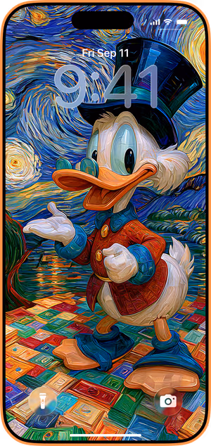 Wallpaper preview on iPhone 17 Pro Max running iOS 26 - Painterly Donald Duck