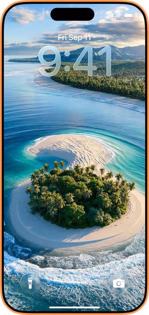Wallpaper preview on iPhone 17 Pro Max running iOS 26 - Turquoise Island Escape