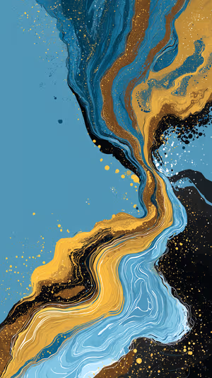 Abstract fluid marble waves centered on teal and sky blue background with gold splatters ultra HD 8K phone background