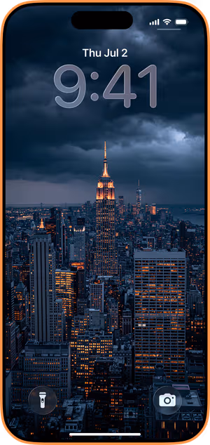 Wallpaper preview on iPhone 17 Pro Max running iOS 26 - Midnight Empire Skyline
