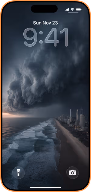 Wallpaper preview on iPhone 17 Pro Max running iOS 26 - Thunder Coast Skyline