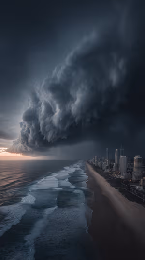Cinematic storm beach skyline in dark gray blue tones, ultra HD coastal scene optimized for iPhone Lock Screen.