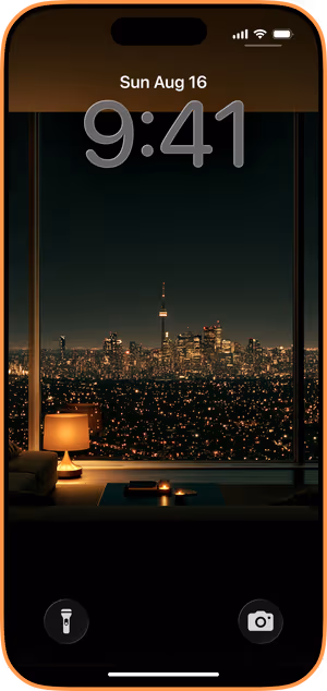 Wallpaper preview on iPhone 17 Pro Max running iOS 26 - Moody City Skyline