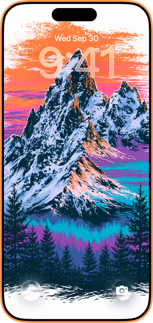 Wallpaper preview on iPhone 17 Pro Max running iOS 26 - Neon Alpine Peak