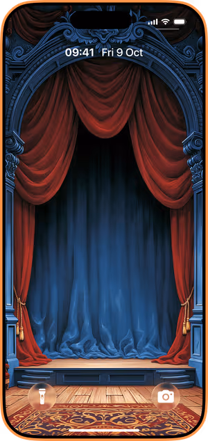 Wallpaper preview on iPhone 17 Pro Max running iOS 26 - Gothic Theater Stage