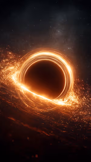 Cinematic black hole with a golden accretion ring centered on a deep space background ultra HD 8K cosmic image.
