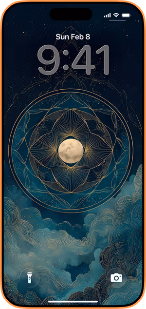 Wallpaper preview on iPhone 17 Pro Max running iOS 26 - Gilded Moon Mandala