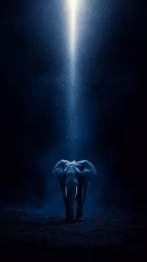 Cosmic silhouette elephant centered on a dark blue starry background in a minimalist cosmic aesthetic