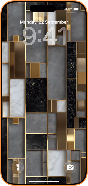 Wallpaper preview on iPhone 17 Pro Max running iOS 26 - Gold Edged Marble Panels