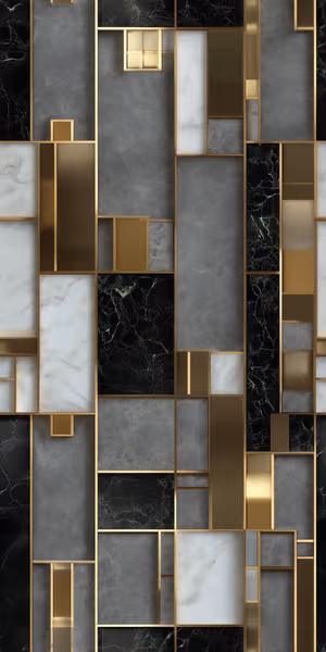 Luxe minimalist marble geometric pattern with black and white stone panels and gold metal frames ultra HD wallpaper.