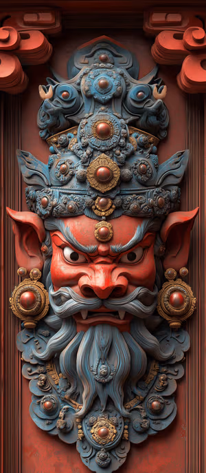 Ornate temple guardian mask close up with red, blue and gold tones; ultra HD 8K image highlighting fierce expression and stylized beard