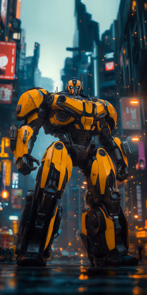 Cyberpunk yellow mech sentinel centered on a wet neon lit street in a futuristic city ultra hd 8K background