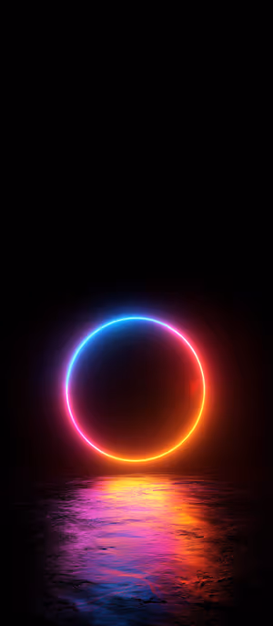 Neon abstract glowing circle over a wet dark surface, casting multicolor reflections ultra HD 8K background for iPhone