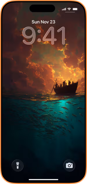 Wallpaper preview on iPhone 17 Pro Max running iOS 26 - Ocean Twilight Voyage