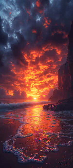 Cinematic sunset beach with waves reflecting orange and gold light, ultra HD 8K background