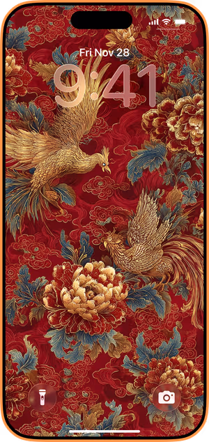 Wallpaper preview on iPhone 17 Pro Max running iOS 26 - Golden Phoenix Peony