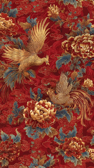 Ornate oriental golden phoenix and peony motif centered on a rich red background ultra HD 8K image.