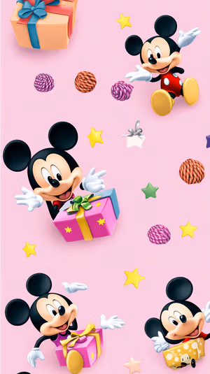 Playful repeating pattern Mickey Mouse gifts with stars and yarn balls on a pastel pink background, ultra hd image.