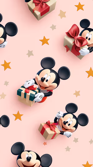 Seamless cartoon pattern of Mickey Mouse holding gift boxes and gold stars on a pastel pink background, ultra hd image.