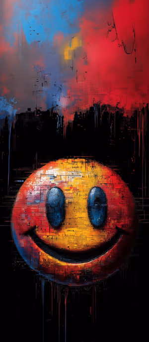 Pixelated abstract smiley face centered on a dark yellow orange background with blue eyes and dripping paint textures, ultra hd wallpaper.
