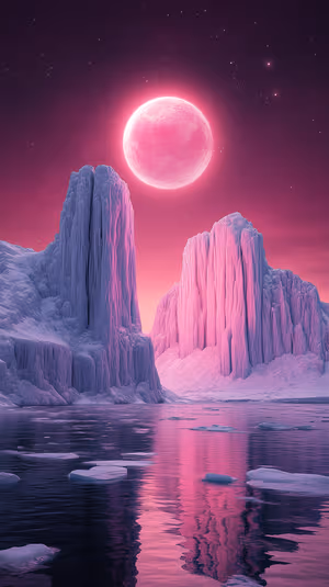 Surreal glowing pink moon above icebergs on a purple starry sky ultra HD image optimized for iPhone