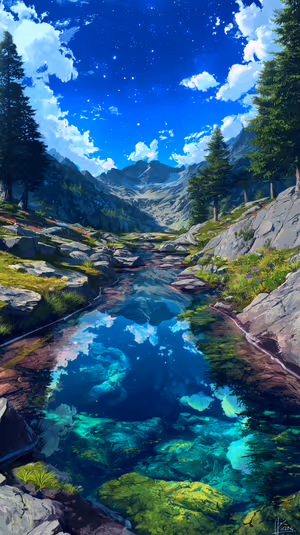 Vibrant nature mountain stream centered on blue green sky with reflective water and pine trees, ultra HD 8K image