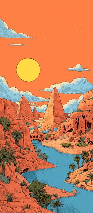 Hand drawn desert canyon river centered on an orange sky with sunlit cliffs and palm trees ultra HD background.