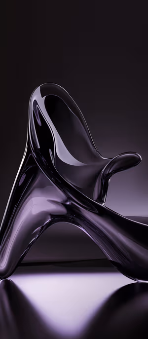 Glossy abstract liquid glass sculpture centered on a deep purple background with flowing curves in a minimalist aesthetic ultra HD