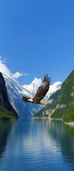 Realistic wildlife landscape: bald eagle over blue alpine lake with mirrored mountains ultra HD iPhone background.