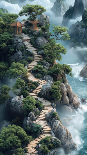 Traditional mountain temple path centered on misty green and azure coastal cliffs in a serene nature aesthetic ultra HD 8K background.