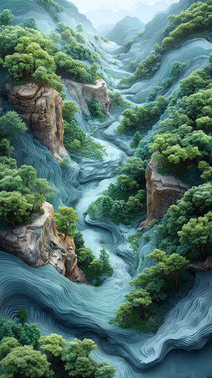 Generative abstract forest canyon centered on lush green and blue terraces in a layered, tranquil aesthetic, ultra HD 8K image.