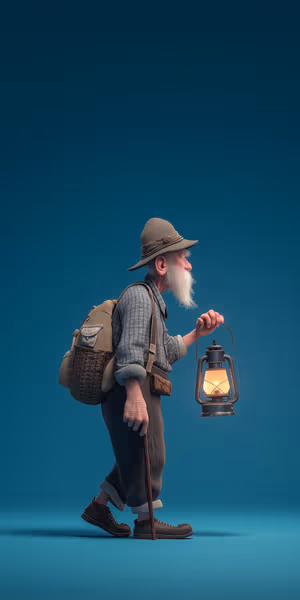 Minimalist digital art bearded lantern wanderer centered on a teal background in a nostalgic aesthetic ultra HD.