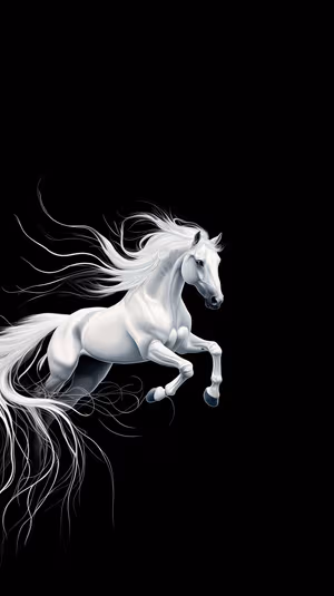 Illustrative white horse galloping centered on a deep black background, ultra HD image highlighting flowing mane and elegant motion