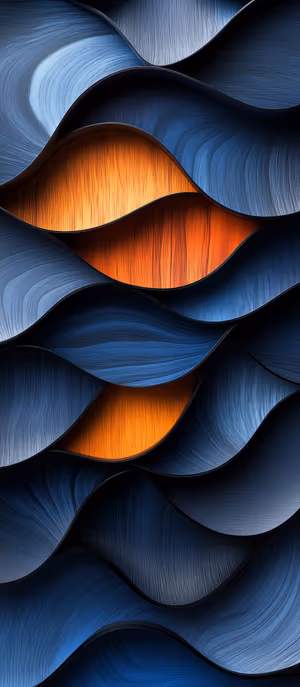 Flowing wooden wave layers centered on a blue and orange background in a flowing abstract aesthetic ultra HD 8K image