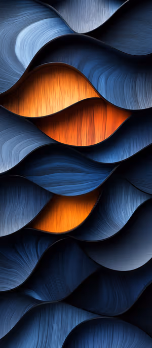 Abstract 3D wave layers on a dark blue and glowing orange wood texture background, ultra hd wallpaper.