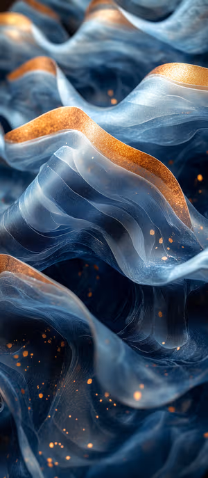 Fluid abstract ribbons centered on a blue and gold field with gold glitter edges in a shimmering, luxurious aesthetic, ultra HD