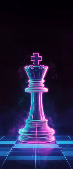 Neon wireframe chess king on a glowing pink and blue cyber grid in futuristic neon aesthetic ultra HD 8K image.