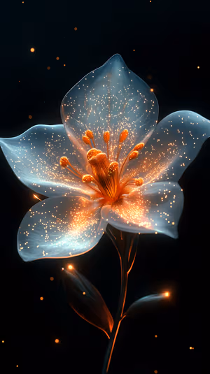 Luminescent digital flower centered on a midnight background with translucent petals and floating gold sparkles in an abstract aesthetic.