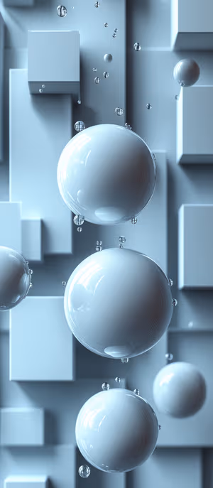 3D render translucent glass spheres over a cool blue geometric cube grid in a sleek minimalist aesthetic.