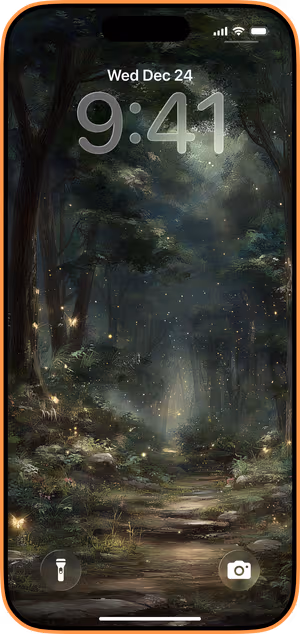 Wallpaper preview on iPhone 17 Pro Max running iOS 26 - Moonlit Firefly Trail