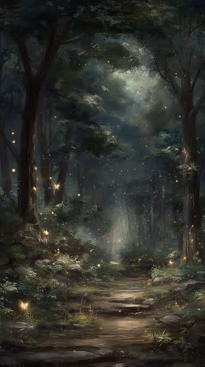 Enchanted moonlit forest trail with glowing fireflies on a midnight blue misted background, ultra HD image.