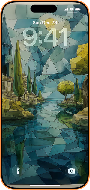 Wallpaper preview on iPhone 17 Pro Max running iOS 26 - Teal Mosaic Riverscape