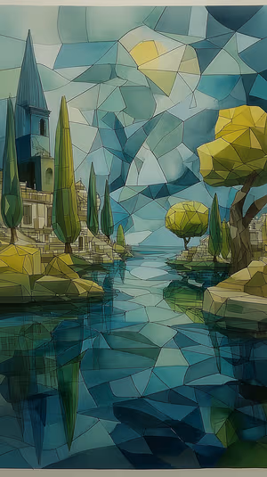 Geometric stained glass riverscape centered on teal and gold tones in a mosaic aesthetic ultra HD 8K background