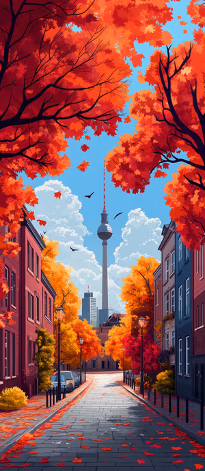 Digital illustration Berlin city street centered on red and orange autumn foliage in a serene aesthetic, ultra hd image.