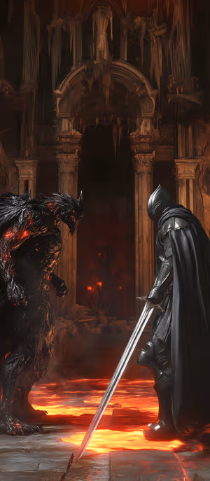 Gothic dark fantasy scene of a black armored knight facing a lava demon on a black and fiery red background in a gothic aesthetic.