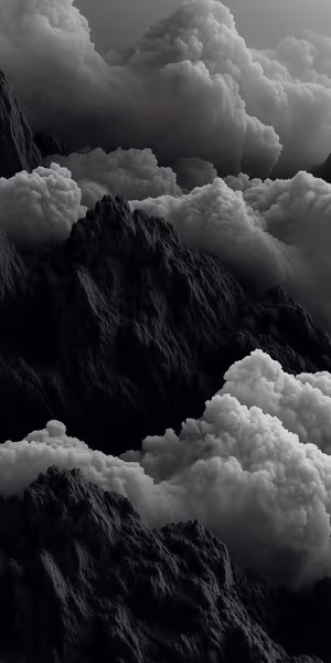 Surreal 3D render mountain peaks centered on a gray background in a moody monochrome aesthetic, ultra hd background