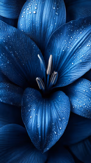 Macro photography blue flower with water droplets on a vivid blue background, ultra HD floral close up.
